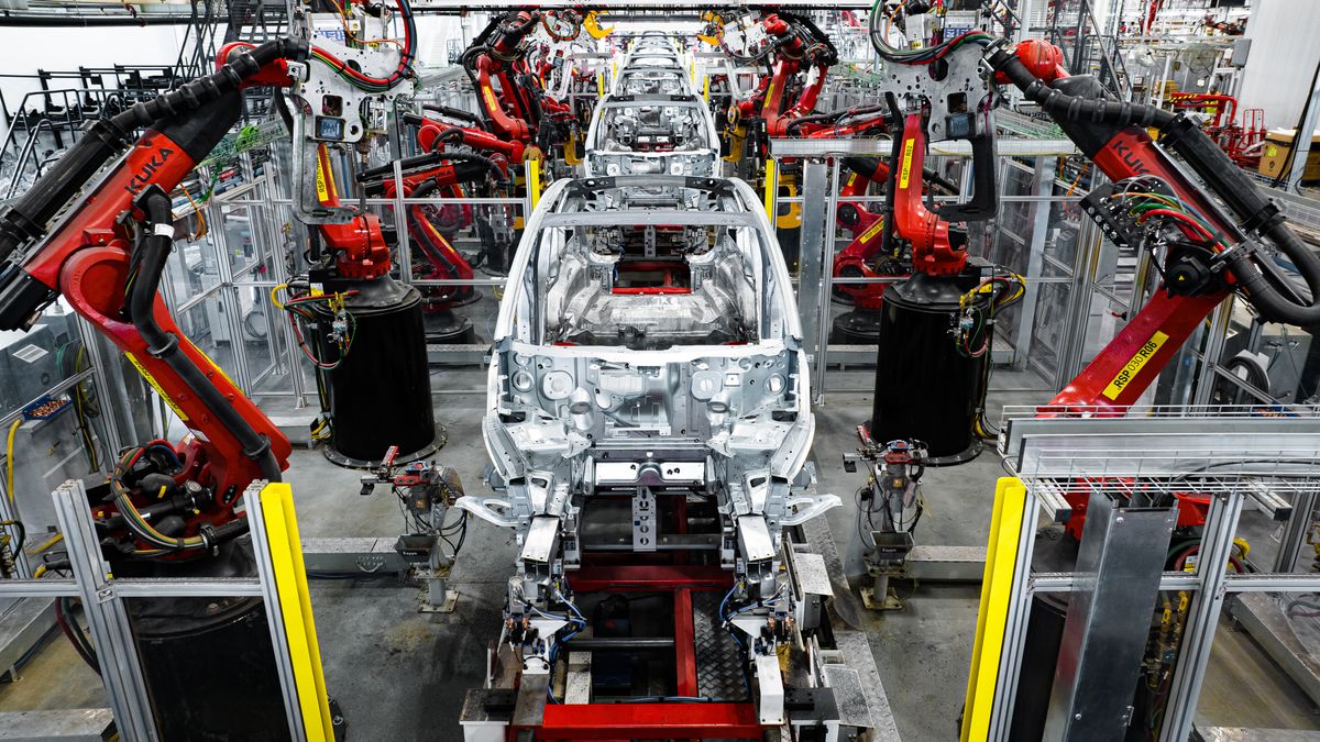 Model Y bodies on the assembly line at Tesla's Gigafactory in Texas.