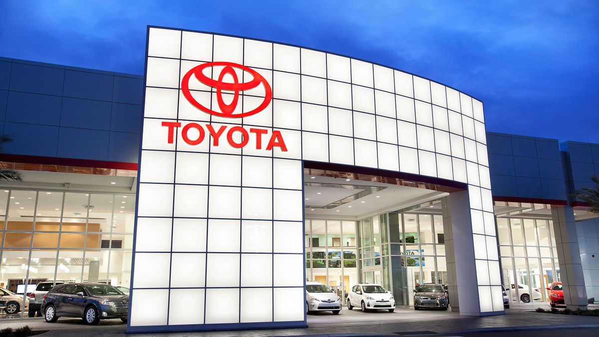 The front of a Toyota dealership.