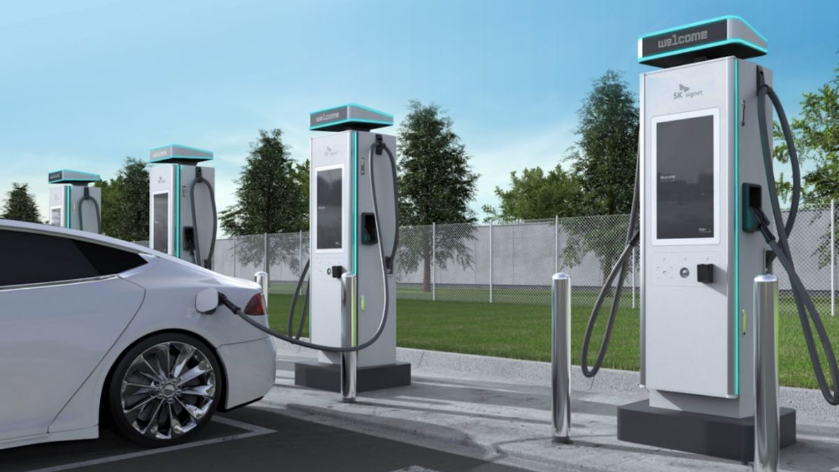 A rendering of an Electric Era charger charging a vehicle.