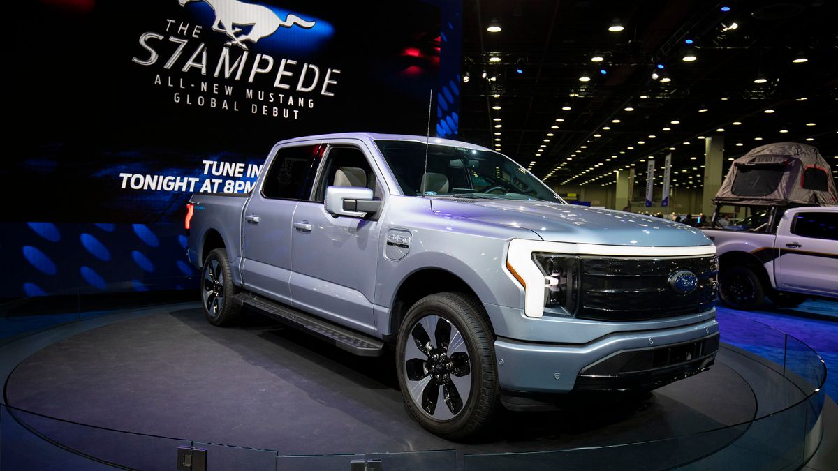 The Ford F-150 Lightning is displayed at the North America International Auto Show.