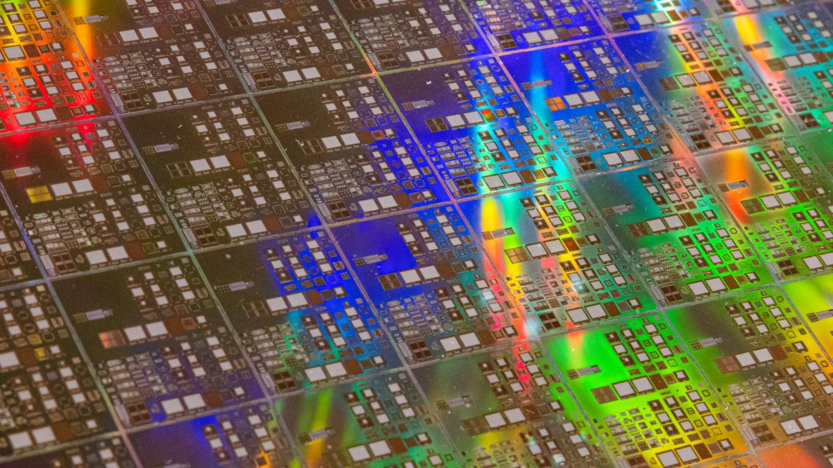 A closeup picture of a silicon wafer on display at Taiwan Semiconductor Research Institution.