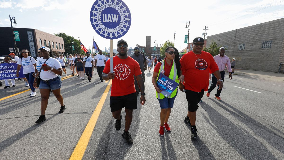 United Auto Workers members marching.