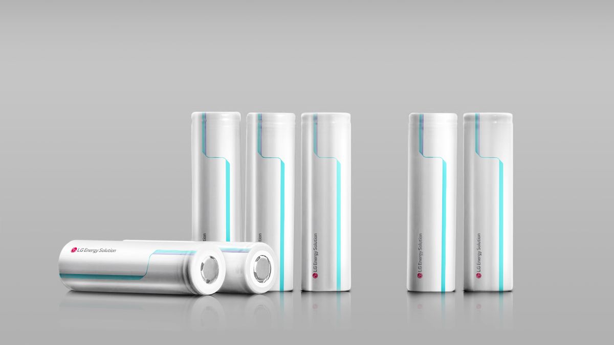 Two silver batteries lying horizontally on the left, with five silver batteries standing up vertically. All have neon blue-green line on them with the red LG Energy Solution logo on them.