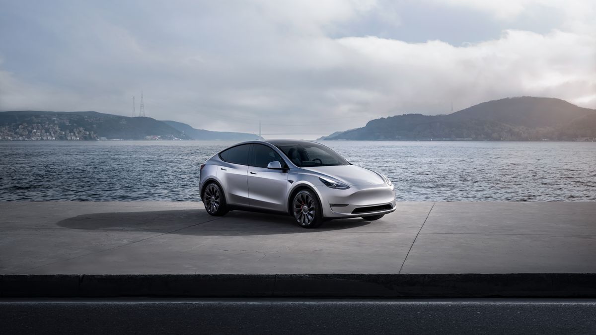 A silver Tesla Model Y.