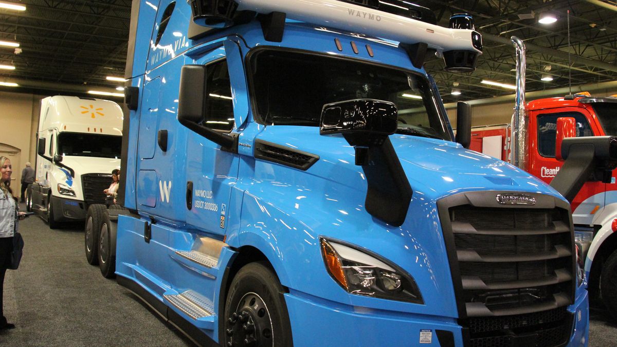 A Waymo self-driving truck sits inside a conference center in Dallas in November 2022 for the Women In Trucking Association's Accelerate! Conference & Expo.